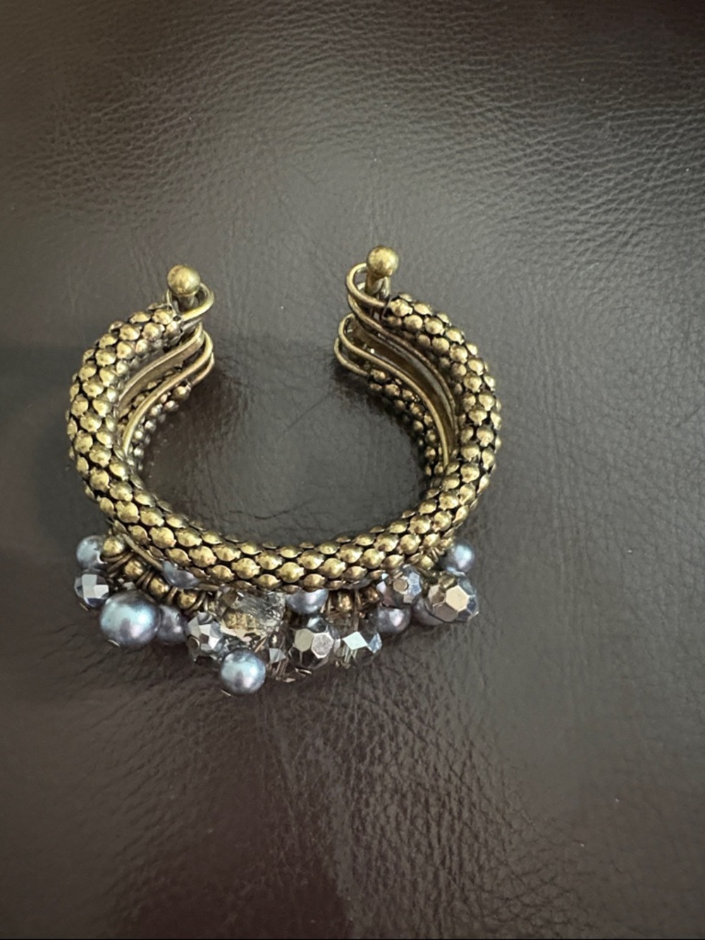 Gold-Tone Beaded Cuff Bracelet with Gray Gem Dangles